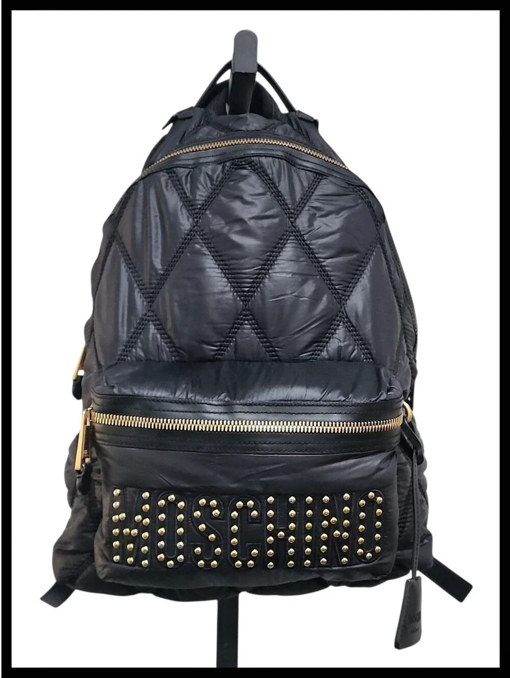 MOSCHINO Quilted Stitch Logo Backpack Gold Studded Hardware Key Ring Nylon Black